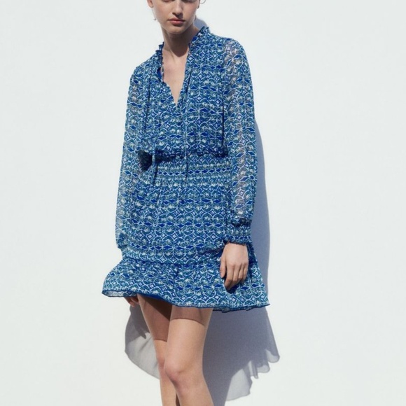 ZARA Boho Blue White Geometric Print Mini Dress | Smocked Waist Tiered Hem XS - Picture 1 of 11
